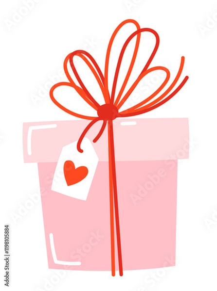 Obraz Gift box with tag with heart illustration in cartoone style. Design of a greeting card for Valentine's Day, mother's day, women's day. Perfect for, banner, card, postcard, cover. Editable stroke.