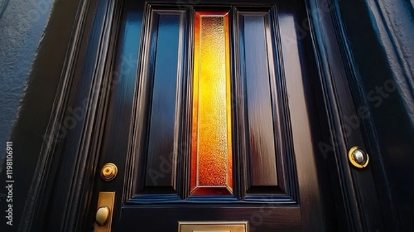 Fototapeta A dark wood front door with a vertical stripe of colorful stained glass 