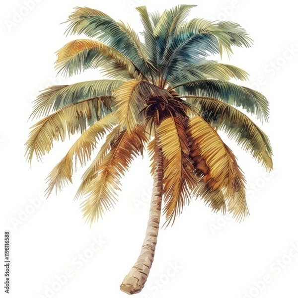 Fototapeta A palm tree stands tall with a mix of vibrant green and golden brown fronds. The texture of the leaves reveals the beauty of tropical nature against a bright background.