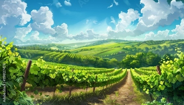 Fototapeta A picturesque vineyard with rows of vines, a dirt path, and a stunning view of rolling hills and a blue sky with fluffy clouds.
