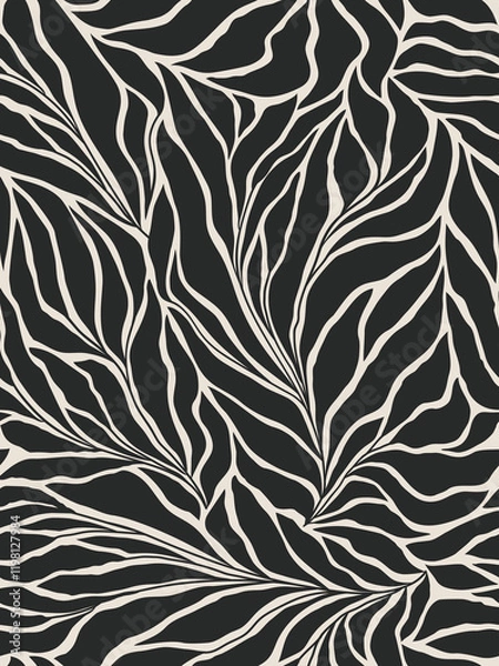 Fototapeta Seamless black and grey floral background with leaves. Hand drawn minimal abstract organic shapes pattern. Vector black abstact pattern with grey leaves and flowers.