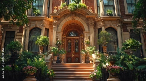 Fototapeta Elegant Victorian mansion entrance adorned with lush greenery and vibrant flowers in a sunny setting