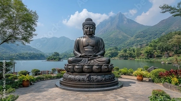 Fototapeta Serene Buddha statue surrounded by lush greenery and mountains, reflecting tranquility by the lake