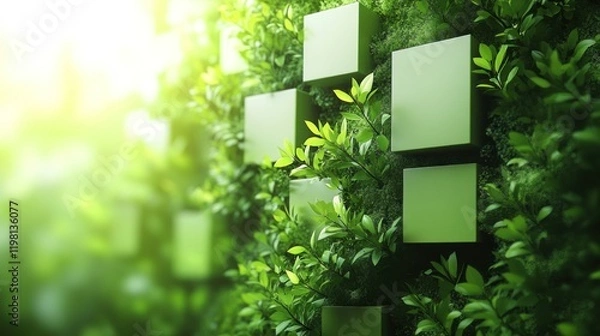 Fototapeta Lush green wall with square planters showcasing vibrant foliage, illuminated by soft sunlight