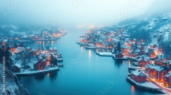 Fototapeta Serene winter landscape of a snow-covered village by the water, illuminated by soft evening lights
