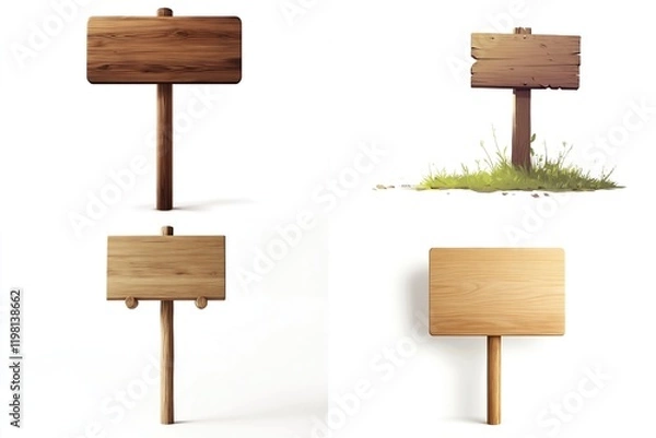 Fototapeta Four wooden signs; blank, rustic, weathered, isolated.