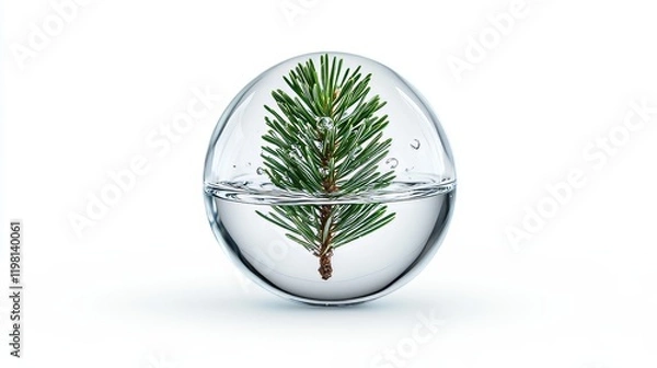 Fototapeta pine-infused oil droplet, conifer branch enclosed, floating effect, crisp details, photorealistic, isolated on white background