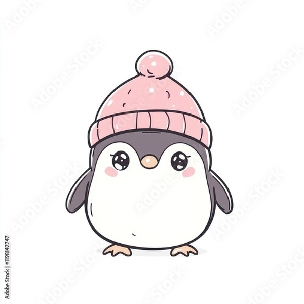 Fototapeta Cute penguin wearing a pink hat, standing on a white background, for children?s book illustrations