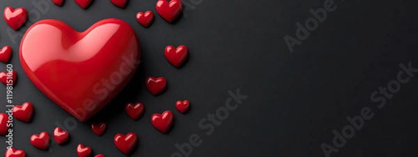 Fototapeta Glossy red heart on a textured black background with scattered small hearts for an elegant design. Generated with AI.