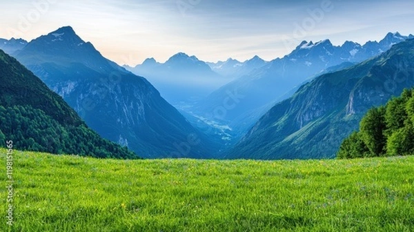 Fototapeta Valley meadow and expansive, A serene mountain landscape at dawn, featuring lush green meadows and towering peaks under a clear blue sky.