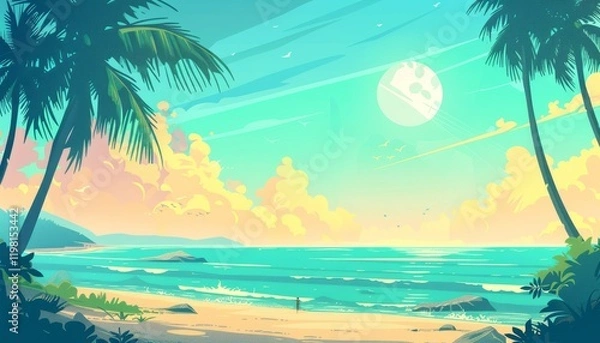 Fototapeta A vibrant tropical beach scene with palm trees, clear blue ocean, and a setting sun.