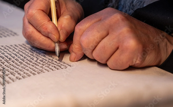 Fototapeta A traditional Jewish Torah scribe "sofer stam" working on a new Torah script A hand writes letters in the Sefer Torah, the holiest book in Judaism