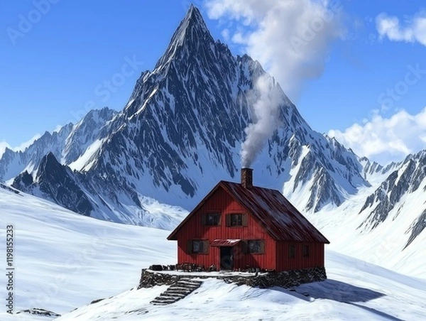 Obraz Cozy cabin in snowy mountains winter landscape scenic view quiet environment tranquility and beauty