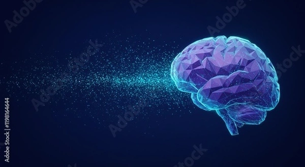 Obraz Visual representation of a purple brain emitting particle streams, symbolizing neural activity and technological advancements in artificial intelligence and cognitive sciences.


