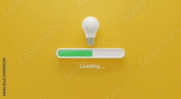 Obraz A minimalistic creative concept showcasing a lightbulb above a loading bar on a yellow background, representing ideas, progress, and innovation in a fresh and modern visual design.

