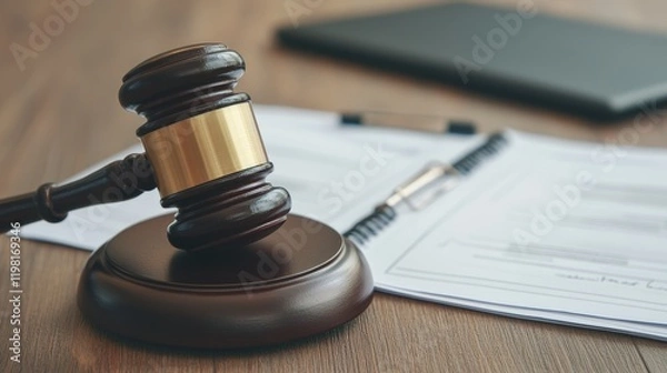 Fototapeta Divorce and law process, A wooden gavel rests on a table near legal documents and a pen, symbolizing justice, law, and the judicial process.