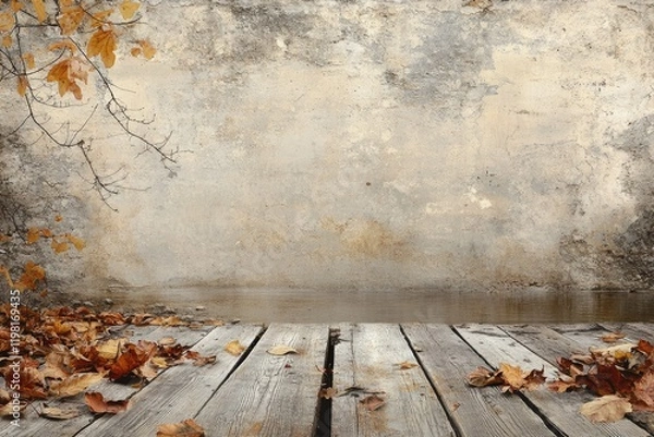 Fototapeta Autumnal scene: Fallen leaves on weathered wood planks by a tranquil water's edge against a rustic wall.