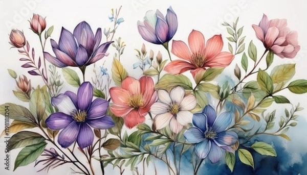 Fototapeta Vibrant Watercolor Artistry Delicate Flowers Bathed in Soft Watercolors, Creating a Whimsical Scene Reminiscent of a Summers Day.