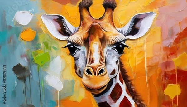 Fototapeta Vibrant Oil Painting of a Giraffes Head on Colourful Background Fragment of an Artistic Masterpiece Created in