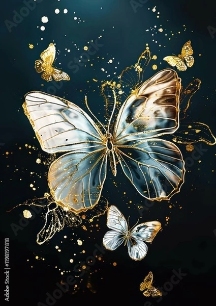 Fototapeta Golden butterflies on a dark background. AI.