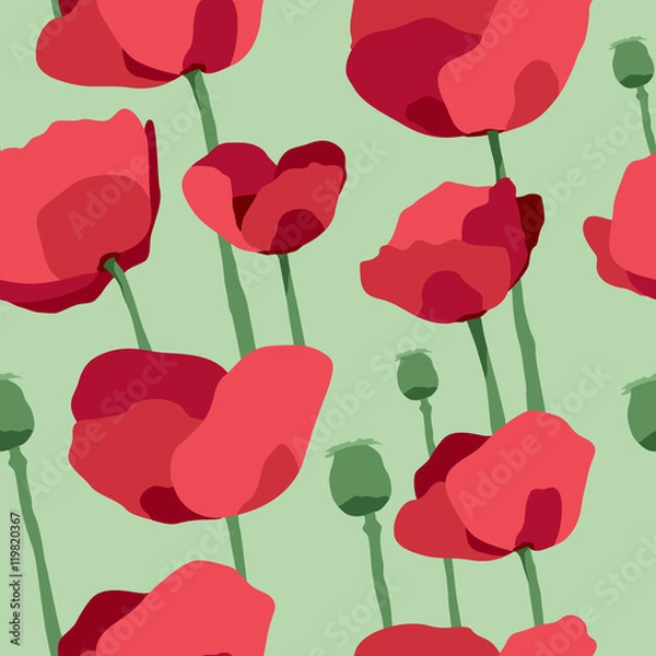 Obraz Red poppies on field seamless pattern. Vector illustration