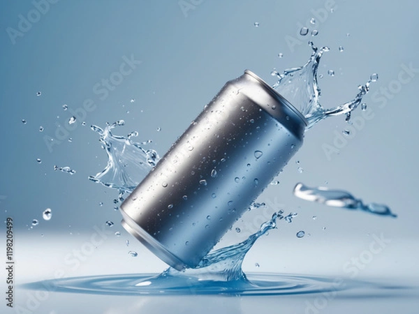 Fototapeta Realistic image of a blank white aluminum can splashing into clear water, with droplets frozen mid-air against a blue gradient background.