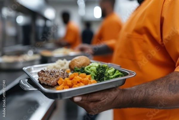 Fototapeta An inmate holds a tray featuring a balanced meal of steak, broccoli, carrots, and bread, symbolizing sustenance and care within a correctional facility context.