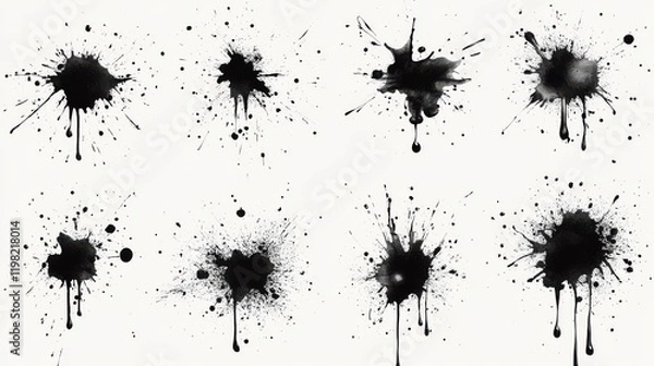 Fototapeta Set of black ink splashes on white background. Abstract artistic background