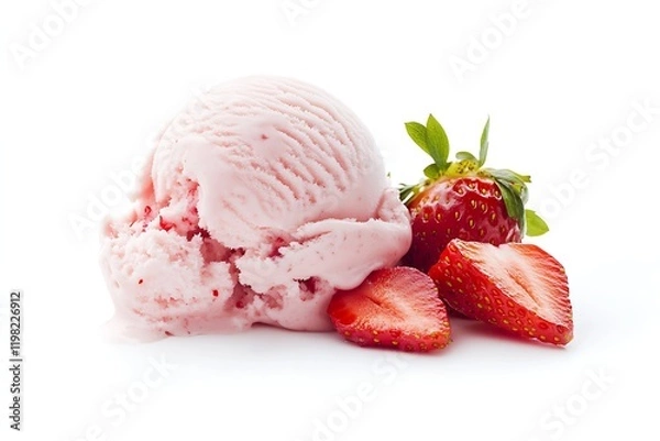 Fototapeta Delicious Strawberry Ice Cream Scoop with Fresh Strawberries on White Background : Generative AI