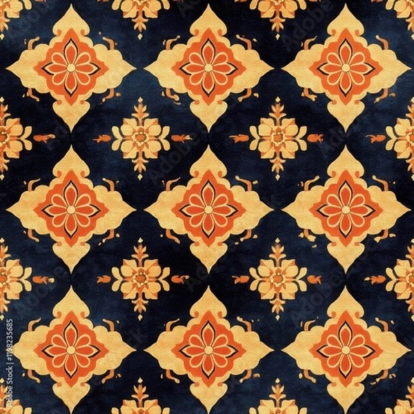 Obraz Vintage Tile Pattern: A timeless design with a touch of vintage charm.  Rich, jewel tones, including dark blue, orange, and gold, create a sophisticated and elegant repeat pattern.