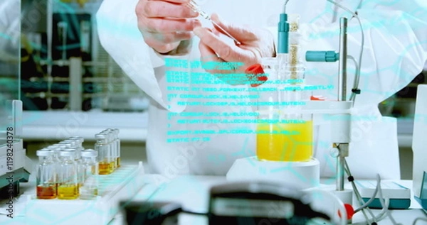 Fototapeta Image of data processing and chemical formula over caucasian male scientist taking sample