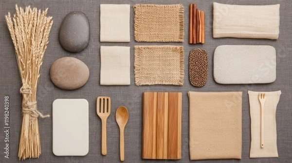 Fototapeta Natural and Organic Kitchen Elements Arrangement with Textures, Stones, Utensils, and Fabrics for Rustic Decor Inspiration and Sustainable Living Concepts