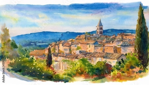 Fototapeta Watercolor Masterpiece Old Town Mons, Var, Provence, France A Charming Scene of Medieval Architecture Bathed in Soft Watercolors