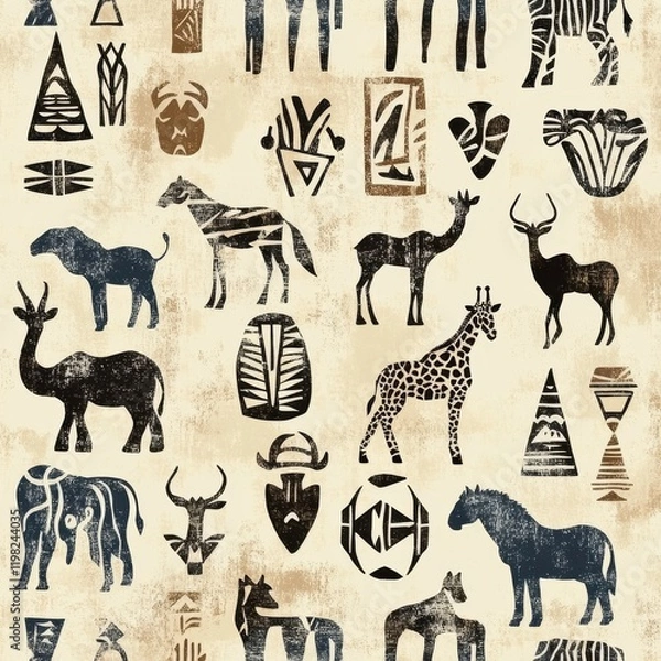 Obraz African Animals Pattern: A vibrant pattern featuring stylized illustrations of African animals and tribal symbols, creating a visually rich tapestry of the continent's fauna and culture.