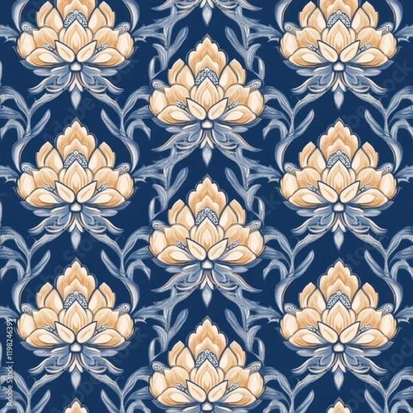 Fototapeta Elegant Damask Floral Pattern: A seamless repeat pattern featuring a sophisticated damask design with stylized floral motifs in muted beige and blue hues against a deep navy blue background.