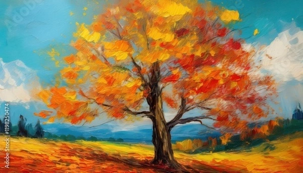 Fototapeta Vibrant Autumn Colors Illuminating a Majestic Tree in a Colorful Oil Painting, Showcasing the Rich Hues of Fall.