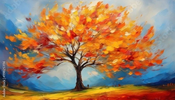 Fototapeta Vibrant Autumn Landscape Colorful Abstract Tree Amidst a Spectacular Palette of Fall Hues in an Oil Painting, Embracing the Essence of a Serene and Picturesque Scene.
