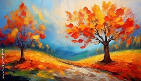 Fototapeta Vibrant Autumn Landscape Colorful Abstraction of a Stunning Tree Amidst an Explosion of Fall Colors, Showcasing Abstract Arts Emotional Depth.