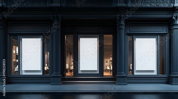 Fototapeta Elegant Dark Storefront Displaying Blank Signage