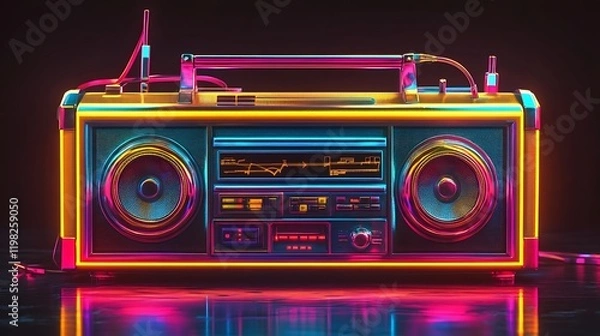 Fototapeta Vibrant retro boombox urban setting digital art neon environment