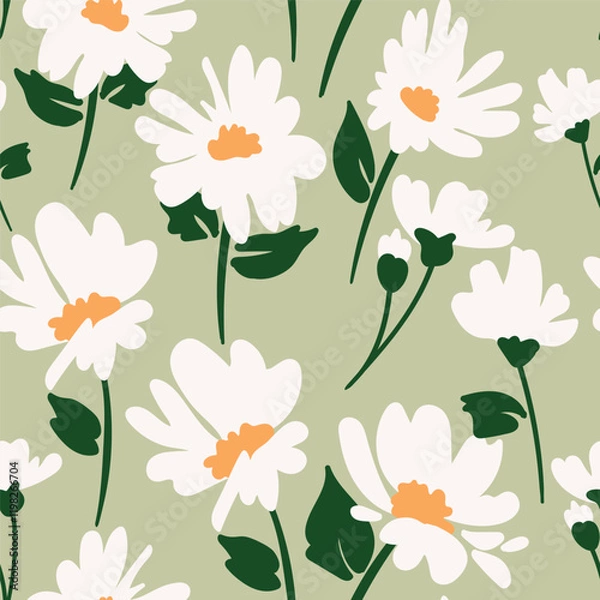 Fototapeta Elegant abstract floral pattern featuring chamomiles and leaves. Ideal for surface design, fabric, paper and etc.