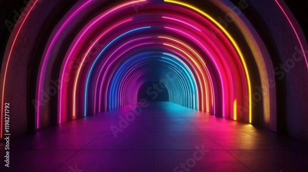 Fototapeta Vibrant neon tunnel with colorful light arcs