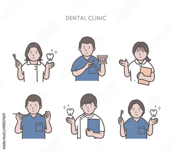 Fototapeta 歯医者、歯科衛生士、歯科医スタッフのイラスト