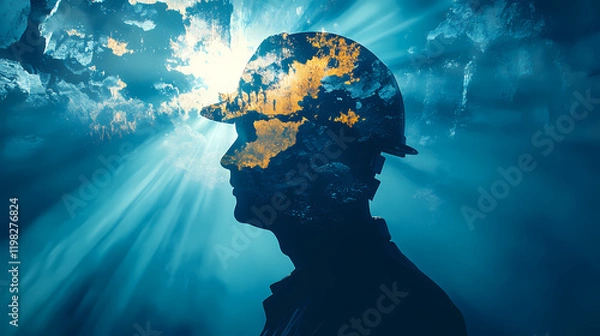 Fototapeta Mine coal industry, miner engineering project devotion with double exposure design. blue color background with sunlight, mining industrial. Sunpetal. Illustration