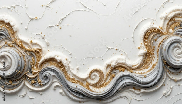 Obraz Flowing golden and white abstract patterns on a textured white background