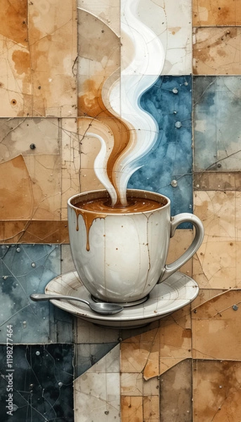 Obraz A steaming cup of coffee placed on a saucer against a textured, abstract patchwork background