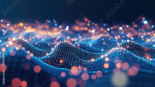 Fototapeta Abstract Digital Landscape: Network of Glowing Particles