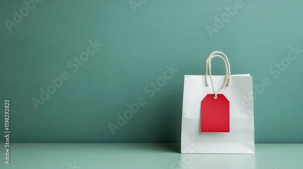 Fototapeta A single shopping bag with a bold sale tag hanging from it, resting on a soft surface with room to display promotional messaging.