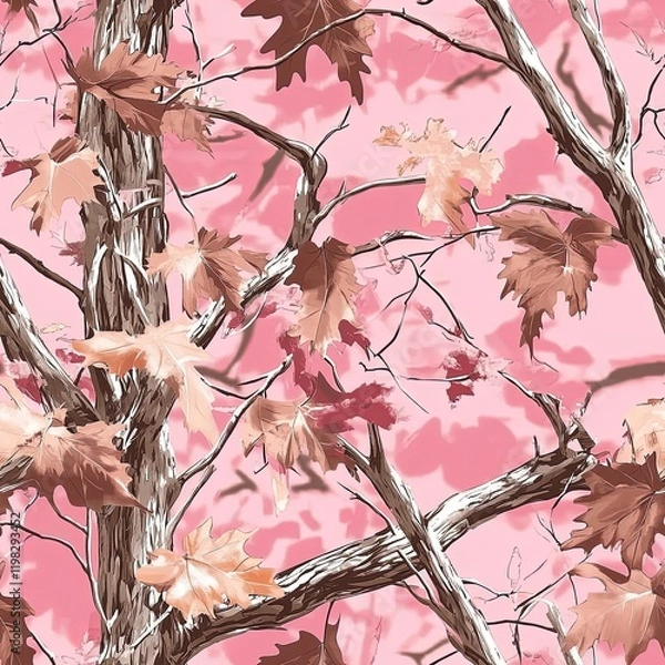 Fototapeta Pink Maple Tree Camouflage Hunting Camo Seamless Pattern Texture