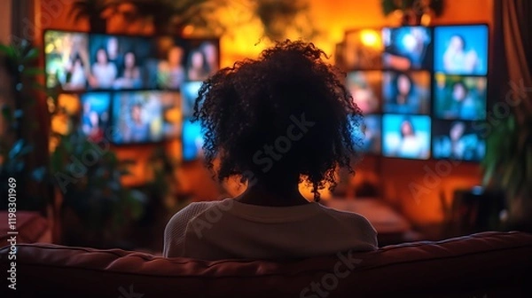 Fototapeta Woman watching multiple screens at home.